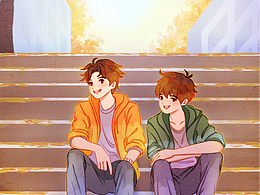 封面秋季唯美温馨男生校园台阶海报背景插画