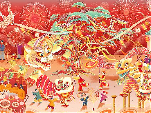 2022虎年新春主题国潮插画-金虎贺岁