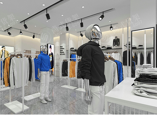 男装集合店货架木纹高架商务男装系列货架设计效果图