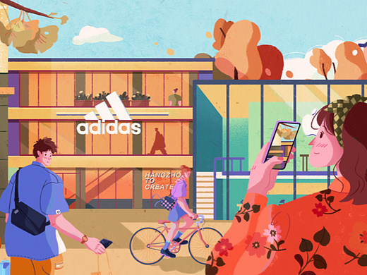 湖濱步行街長(zhǎng)卷插畫(huà)習(xí)作（個(gè)人主頁(yè)-ZNjI4NjQzNDQ=） - 宣傳物料 - 站酷設(shè)計(jì)師檸檬楊樂(lè)多原創(chuàng)素材 - 站酷ZCOOL