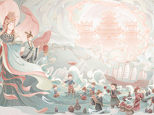渡海|中国风非遗风俗文化文创KV插画场景海报