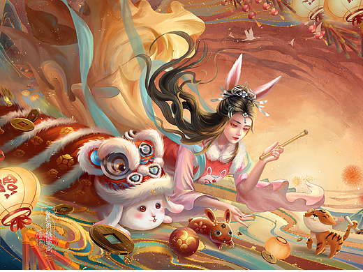 春节贺岁图虎兔交接