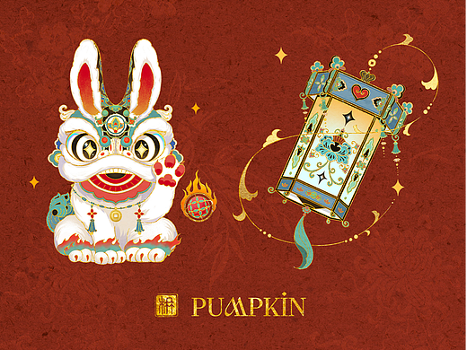 招财醒狮兔｜敦煌新年复古插画设计