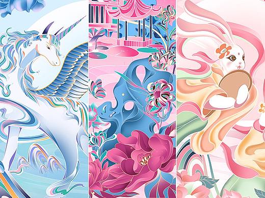 中秋国风礼盒插画x3（独角兽/兔子/中式园林）