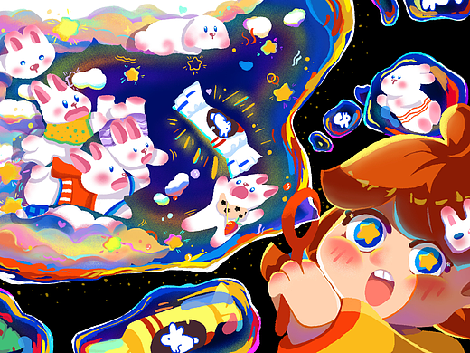 五彩斑斓的梦（大白兔奶糖创意插画）