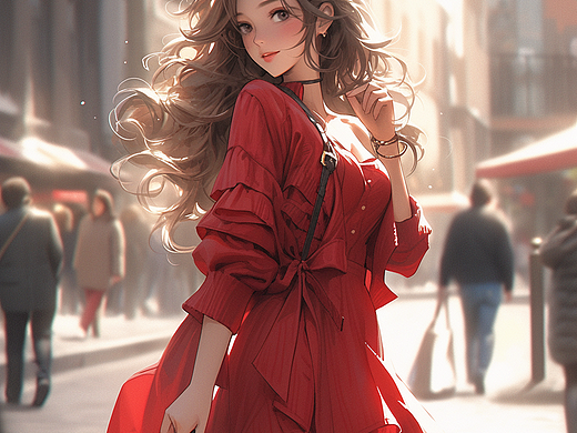 写实风格红色连衣裙女孩夜景街头插画