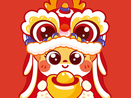 龙年舞狮子醒狮插画卡通红包