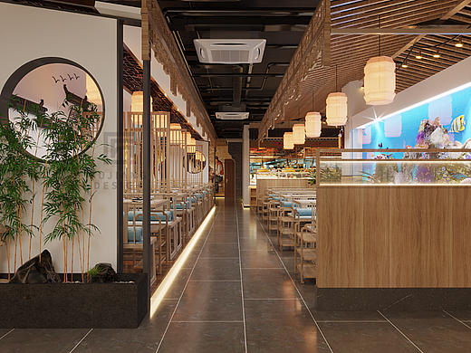 火锅店多种材质的碰撞使用空间形成了较为丰富的层次感