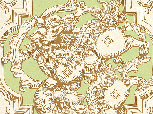 祥瑞满堂双狮戏球纹板绘艺术插画