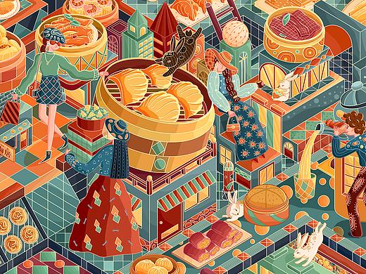 2023兔年广州早茶美食2.5D插画