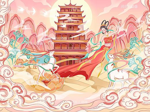 原创新国风敦煌飞天插画城市建筑插画文创插画包装插画