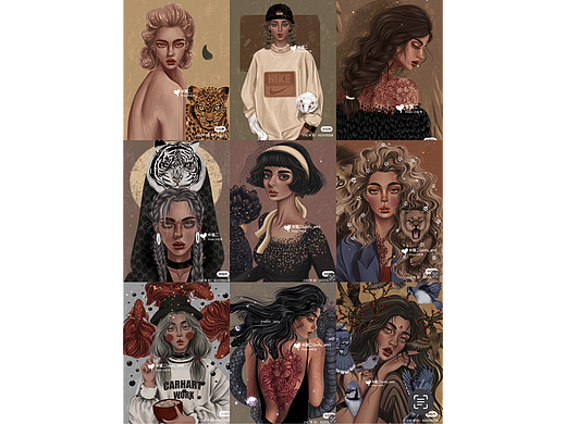 复古风女孩和动物插画 时尚插画