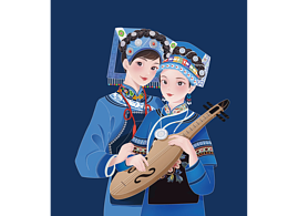 贵州元素两姐妹插画设计