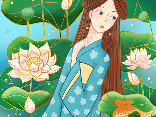 国潮插画-古风美女采花