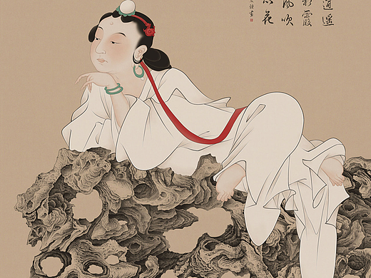 工笔画仕女图《观自在》