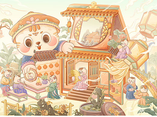 国潮美妆插画 | 喵戏粉妆