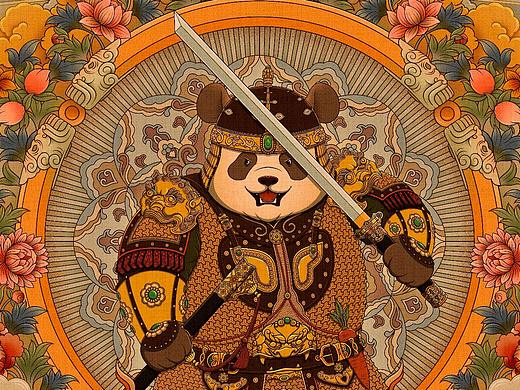 七仔 （陕西西安棕熊猫）唐代将军铠甲装  复古插画