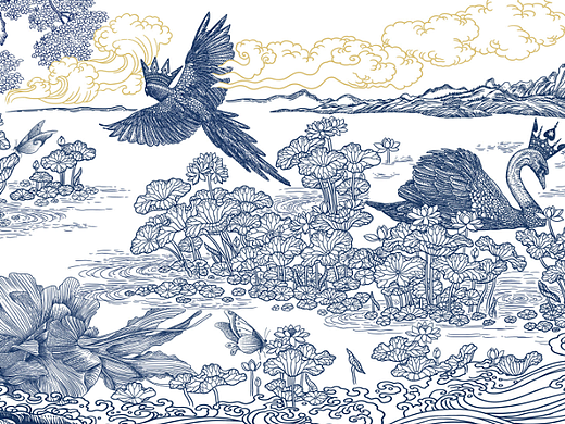 ​荷塘月色版画 动物植物插画