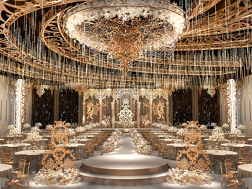SurDesign金色欧式婚礼堂宴会3D效果图