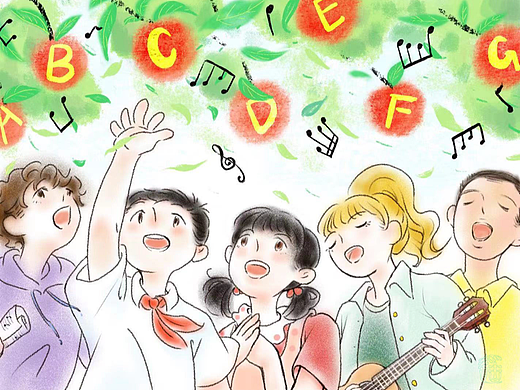 在树下唱字母歌的孩子们