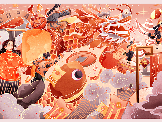 龙年插画：龙贺新春，龙行龘龘