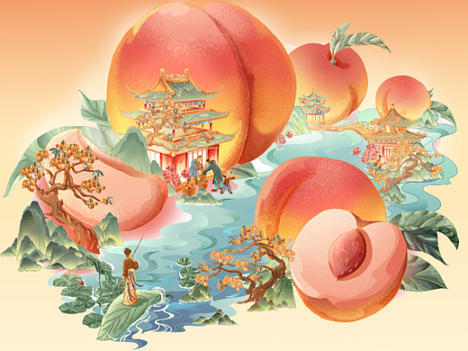 阳山水蜜桃插画设计