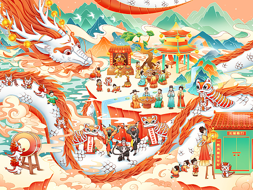 原创龙年贺岁插画-传统文化春节习俗/国风插画