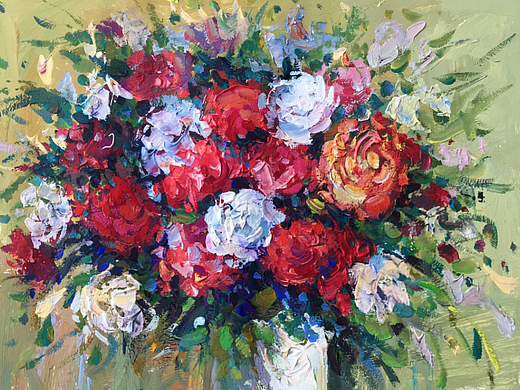 水粉一束瓶花月季