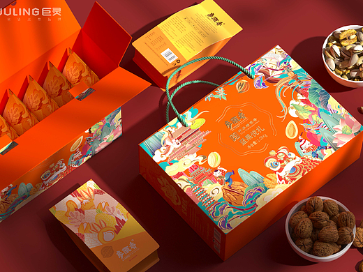 麦陇香坚果礼盒包装，缤纷国风插画呈现多彩好礼