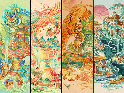 四季神兽与文物系列-国潮国风插画