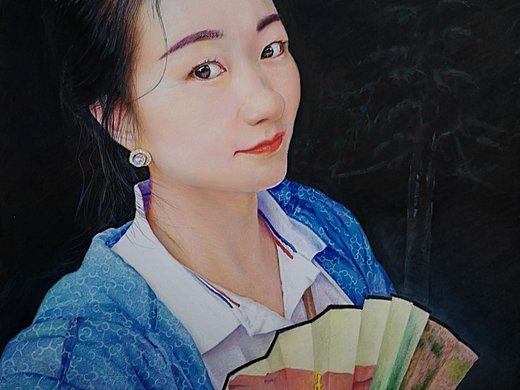 手绘人物彩铅作品-女性-扇子-古典