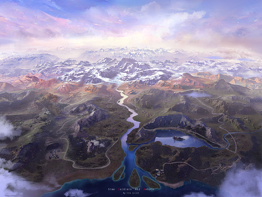 晚霞下的山川河流