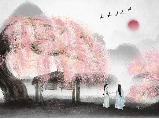 禅意水墨山水国风古风画《心有万言》意境唯美插画