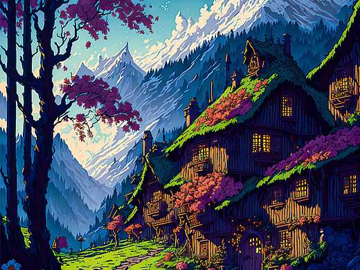 【AI绘画作品-76】山林里的小木屋