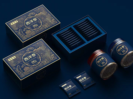 巨灵设计 x 尊补堂 | 西洋参蓝色高端大气烫金礼盒