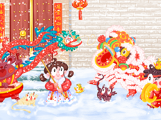 新年冬天室外舞龙舞狮
