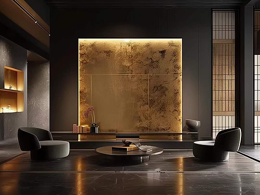 鎏金铜板·黑胡桃木琥珀色灯光·设计灵感