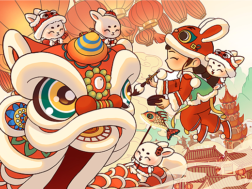 兔年新春·舞狮主题系列插画|文创插画设计