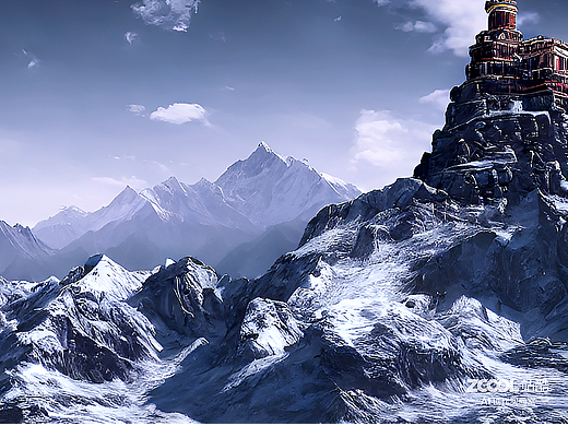 【站酷AI创作实验室】山峰，植被，鼓楼