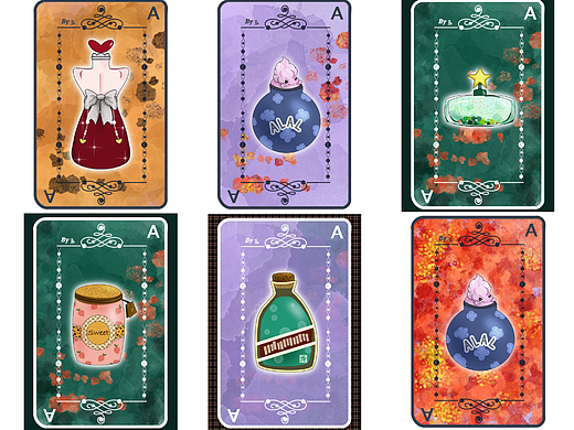 卡牌设计。香水瓶、水杯、零食罐,酒瓶。