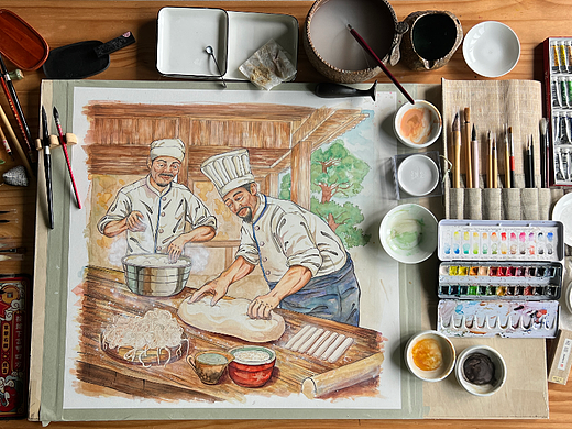 何记面馆非遗传承黄鱼面水彩纯手绘连环插画（一）揉面