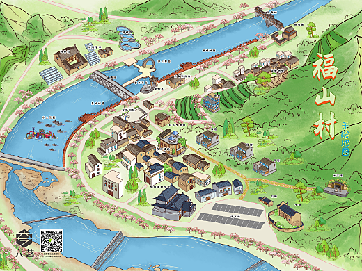 福山村手绘地图卡通立体清新山水美丽乡村旅游