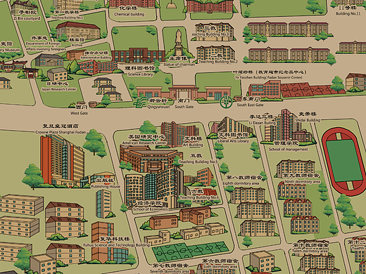 手绘地图《复旦大学》复古风格