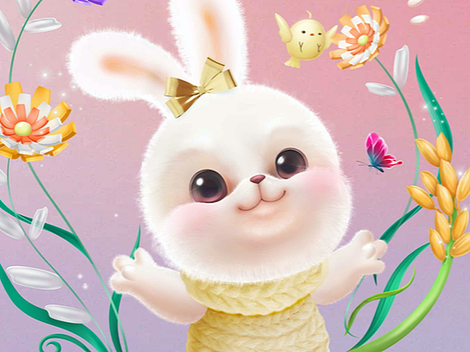 模仿3D建模效果 手绘插画毛茸茸的小兔子