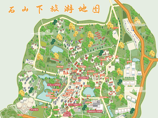 石山下乡村旅游地图手绘地图卡通清新简洁插画