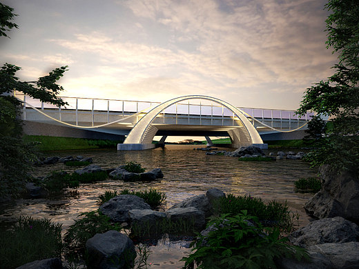 3dmax手工建模渲染，黄昏现代桥大桥