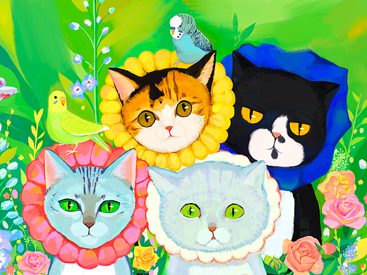 猫猫花和鸟鸟的全家福|茶派的美好世界（个人主页-ZNjUzNzEwNjg=） - 艺术插画 - 站酷设计师三文鱼干原创素材 - 站酷ZCOOL