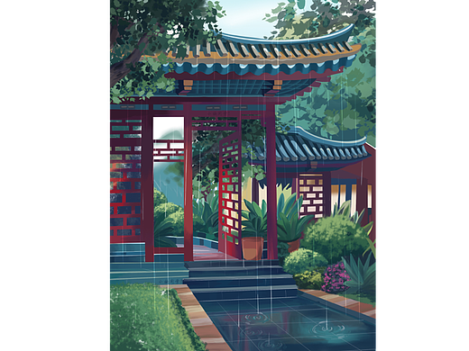 中式古风雨中庭院