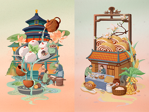 原创老北京传统小吃国潮插画小场景