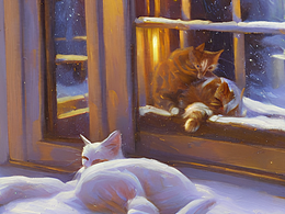 下雪,猫咪,窗外,油画